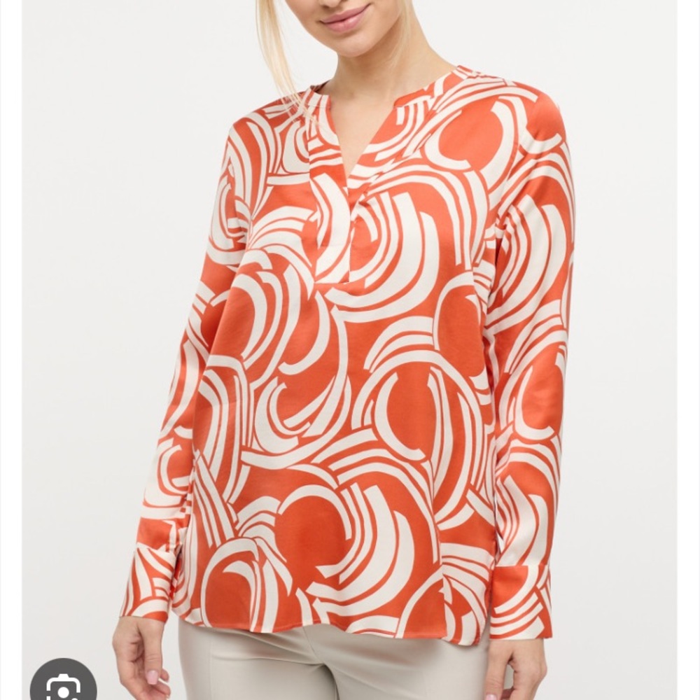Eterna Orange and White Graphic Blouse with Mandarin Collar